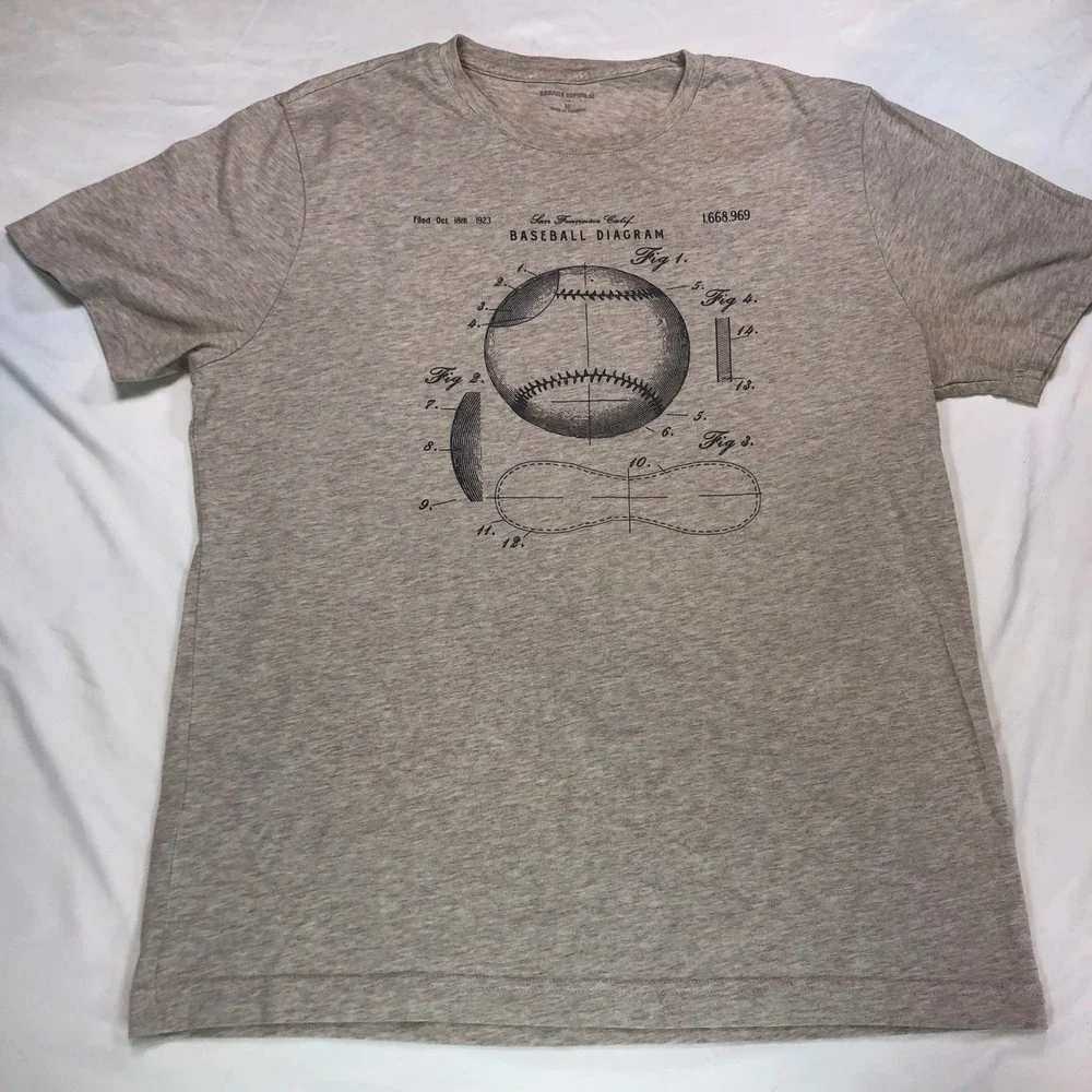 Banana Republic Mens Baseball Diagram Graphic T-Shirt Heather Beige Medium